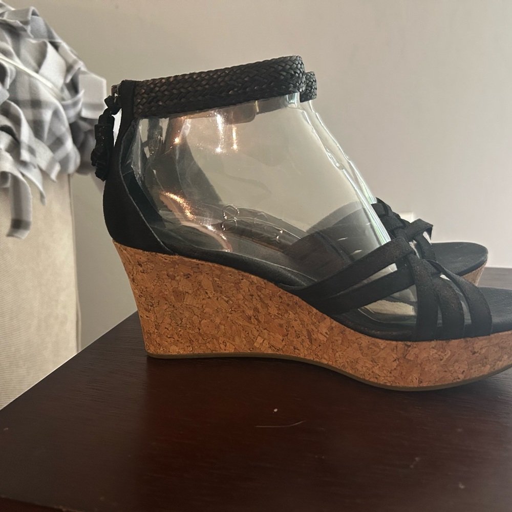 UGG Black Wedge Sandals with Cork Heel